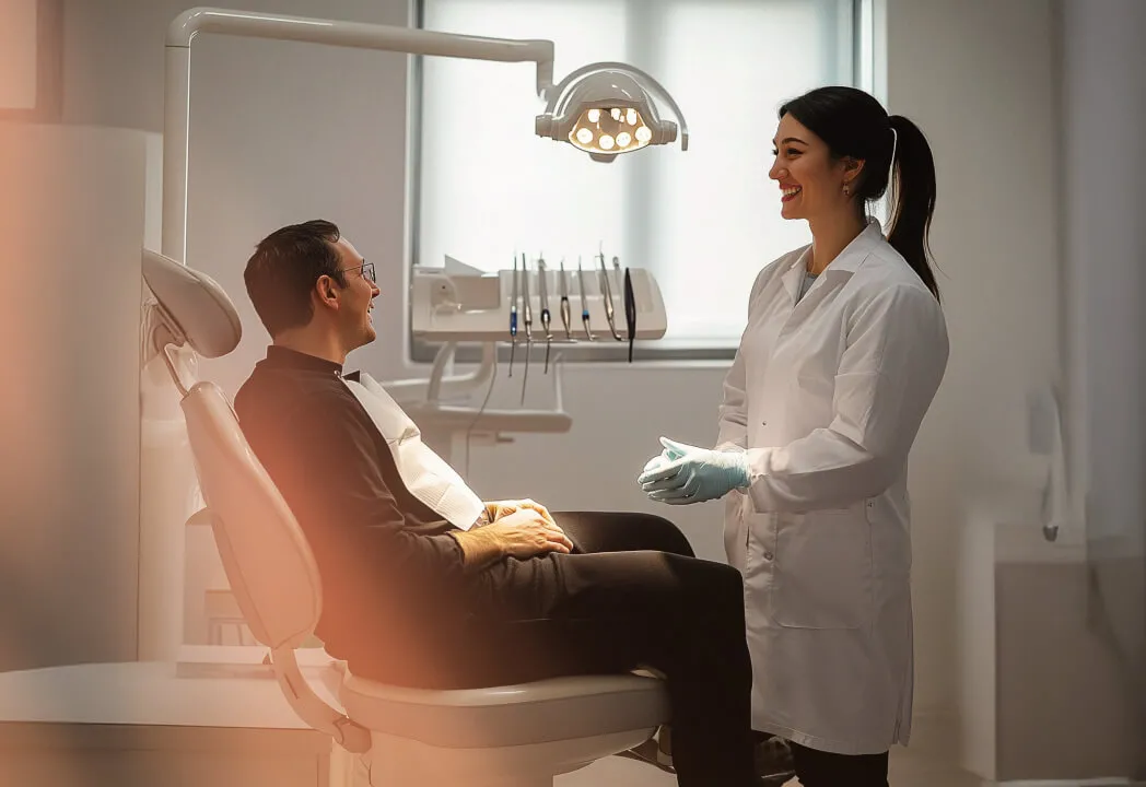 A dentist engaged in a conversation with a patient sitting in the dentist's chair